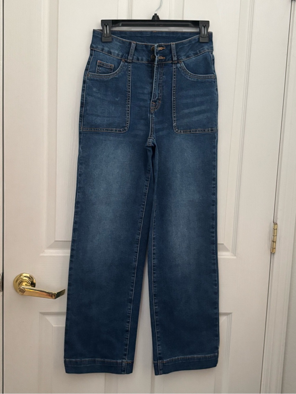 Sidefeel Women’s High Rise Wide Leg Jeans Size 6 Blue Patch Pocket 28” Inseam